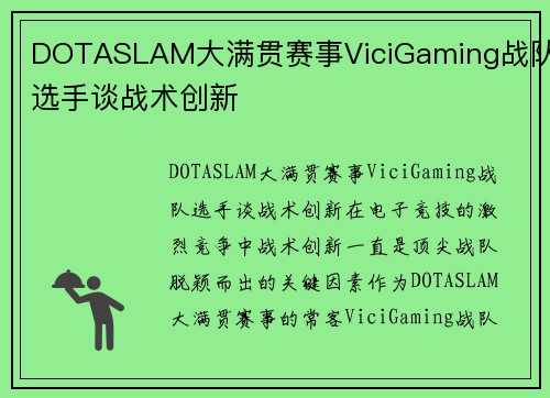DOTASLAM大满贯赛事ViciGaming战队选手谈战术创新