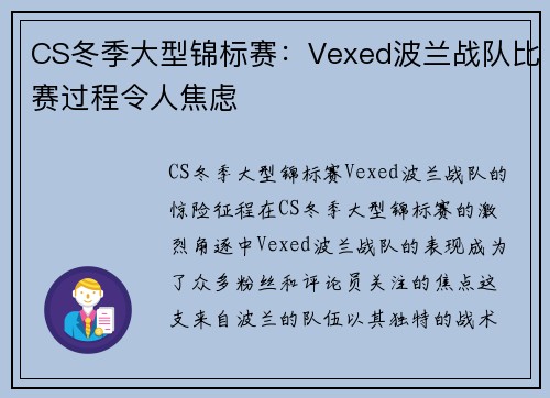 CS冬季大型锦标赛：Vexed波兰战队比赛过程令人焦虑